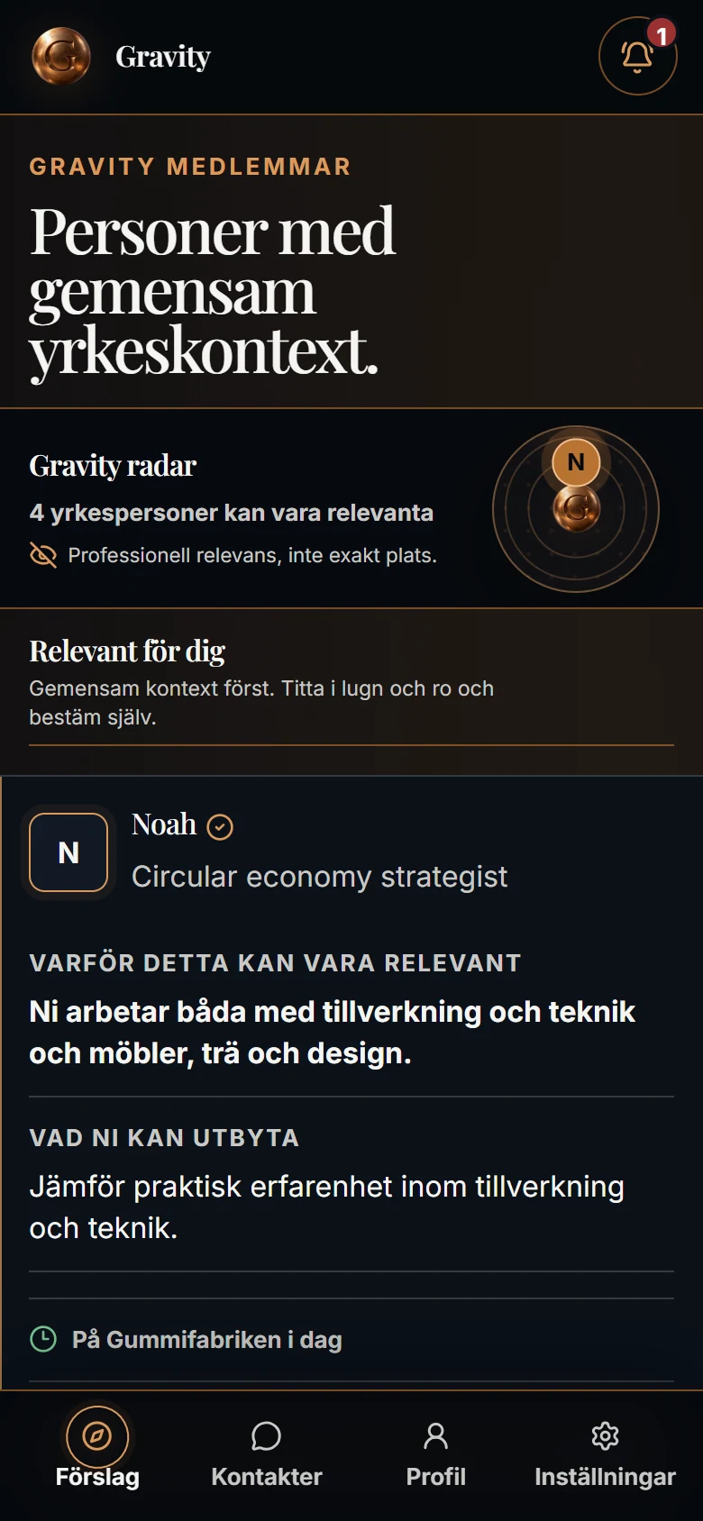 Gravitys nuvarande Upptäck vy i mobilformat med en syntetisk demonstrationsprofil