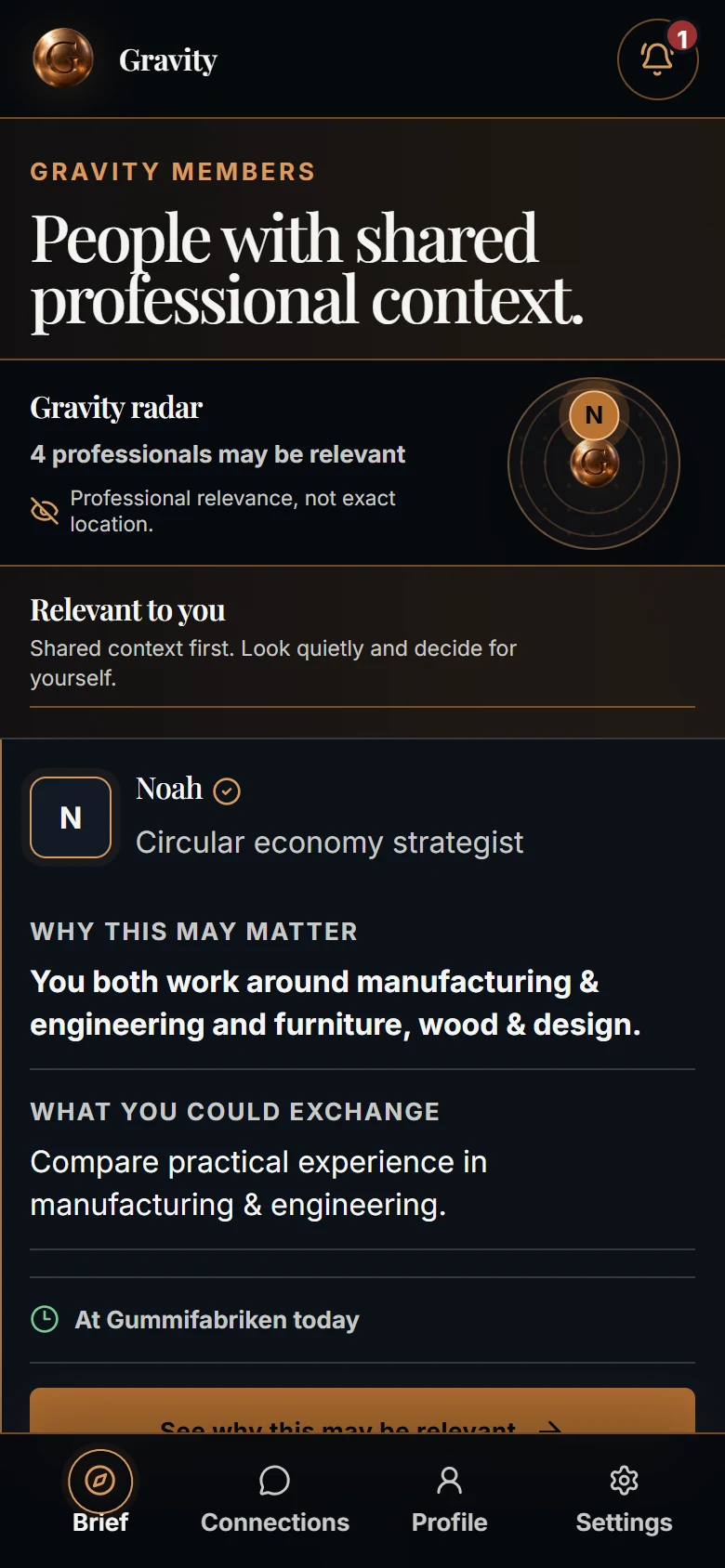 Current Gravity discovery screen in a phone view showing a synthetic demonstration profile